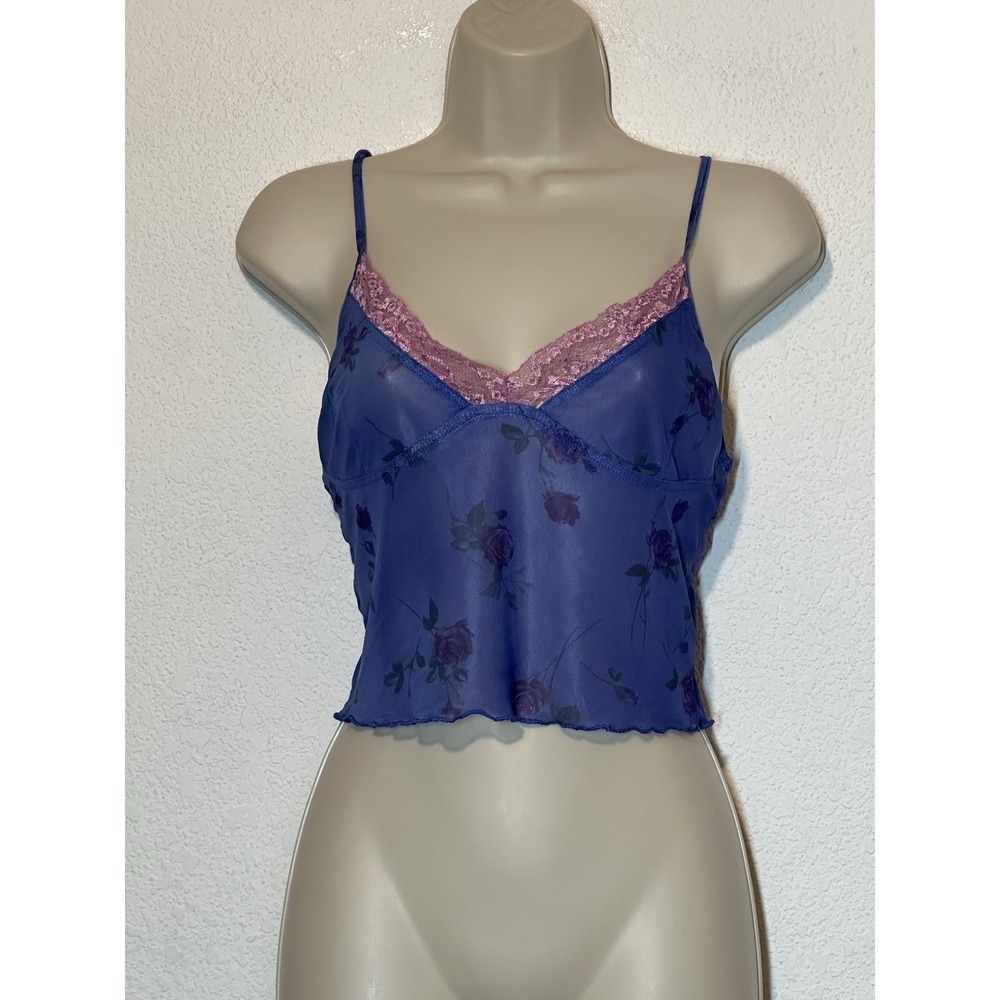 Motel Sz Medium Cami Top Blue W/ Roses Pink Lace Sheer Fairy Dainty Coquette